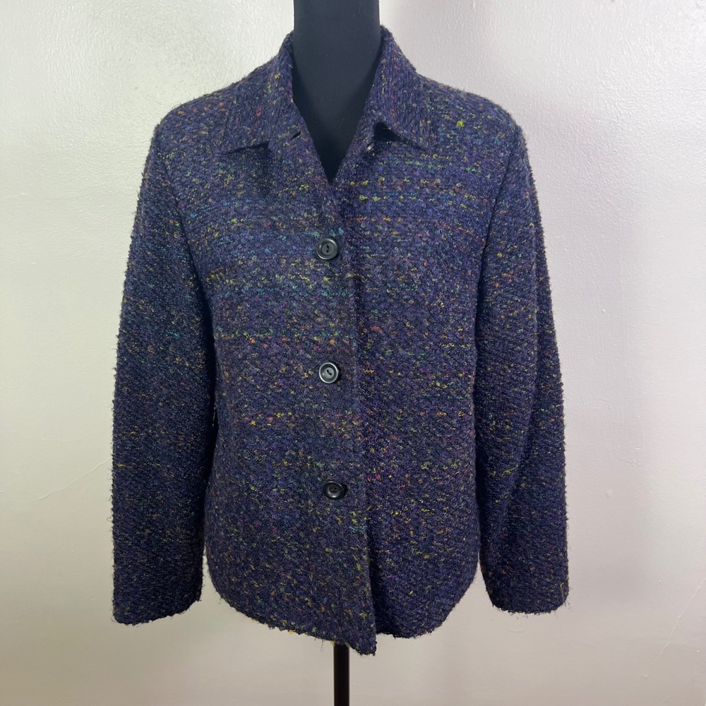 Sag Harbor Womens Jacket Size 14 Blue Multicolor Textured Button Front